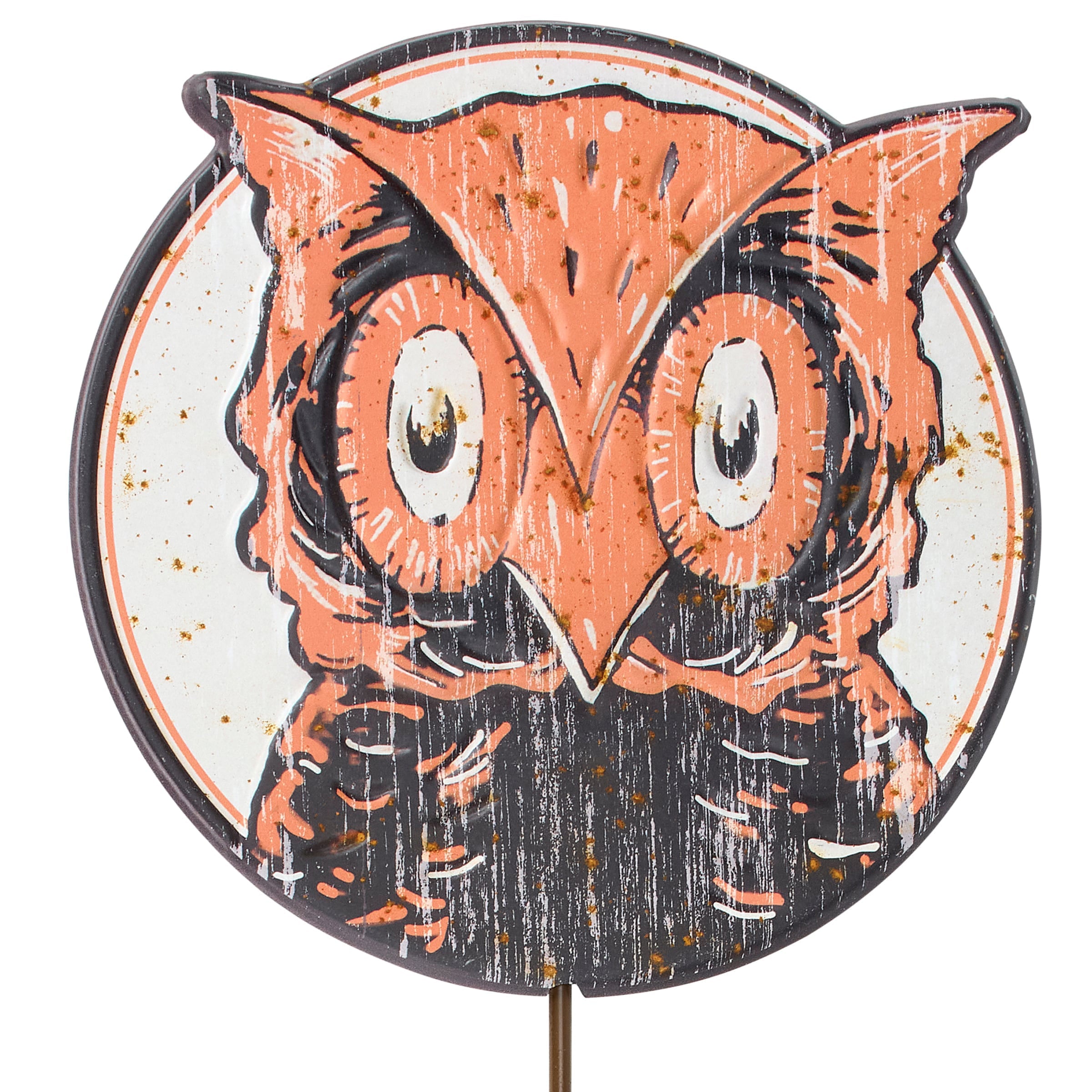 Rustic orange and black owl-themed circular metal garden pick with distressed finish perfect for daisy garden pick decor