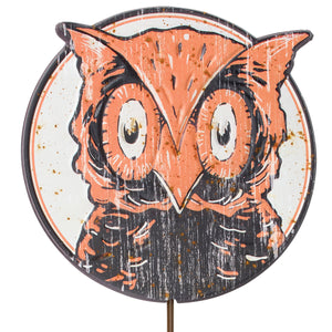 Rustic orange and black owl-themed circular metal garden pick with distressed finish perfect for daisy garden pick decor