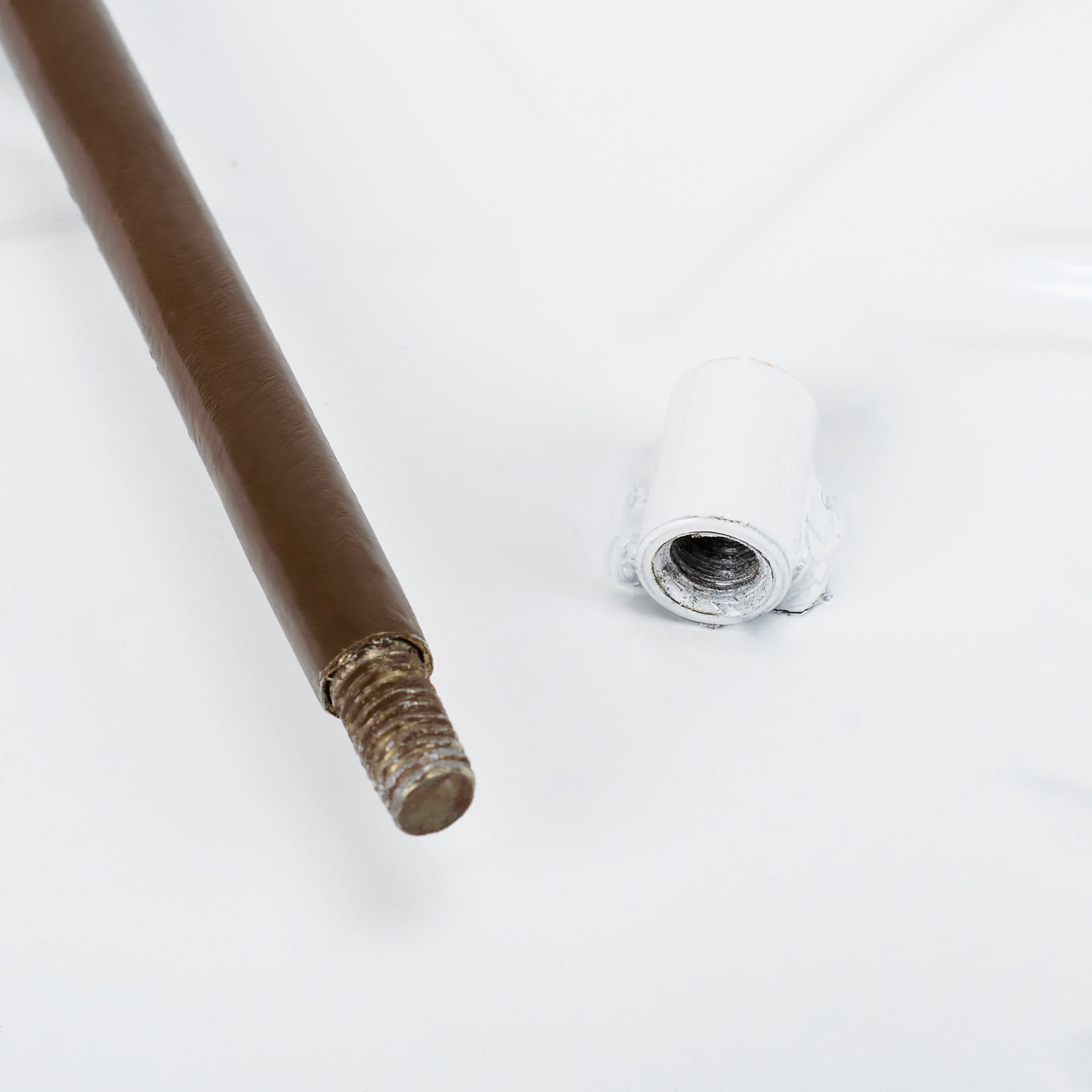 Brown cylindrical vintage owl garden pick pole with threaded end and white capped connector for daisy garden pick decor