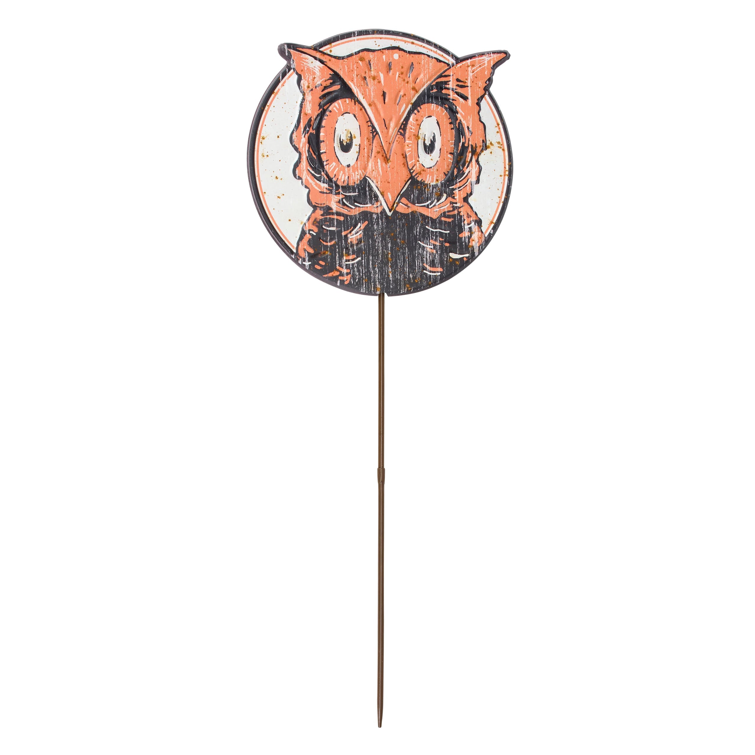Vintage owl garden pick featuring a circular orange owl design with distressed black and white background garden pick
