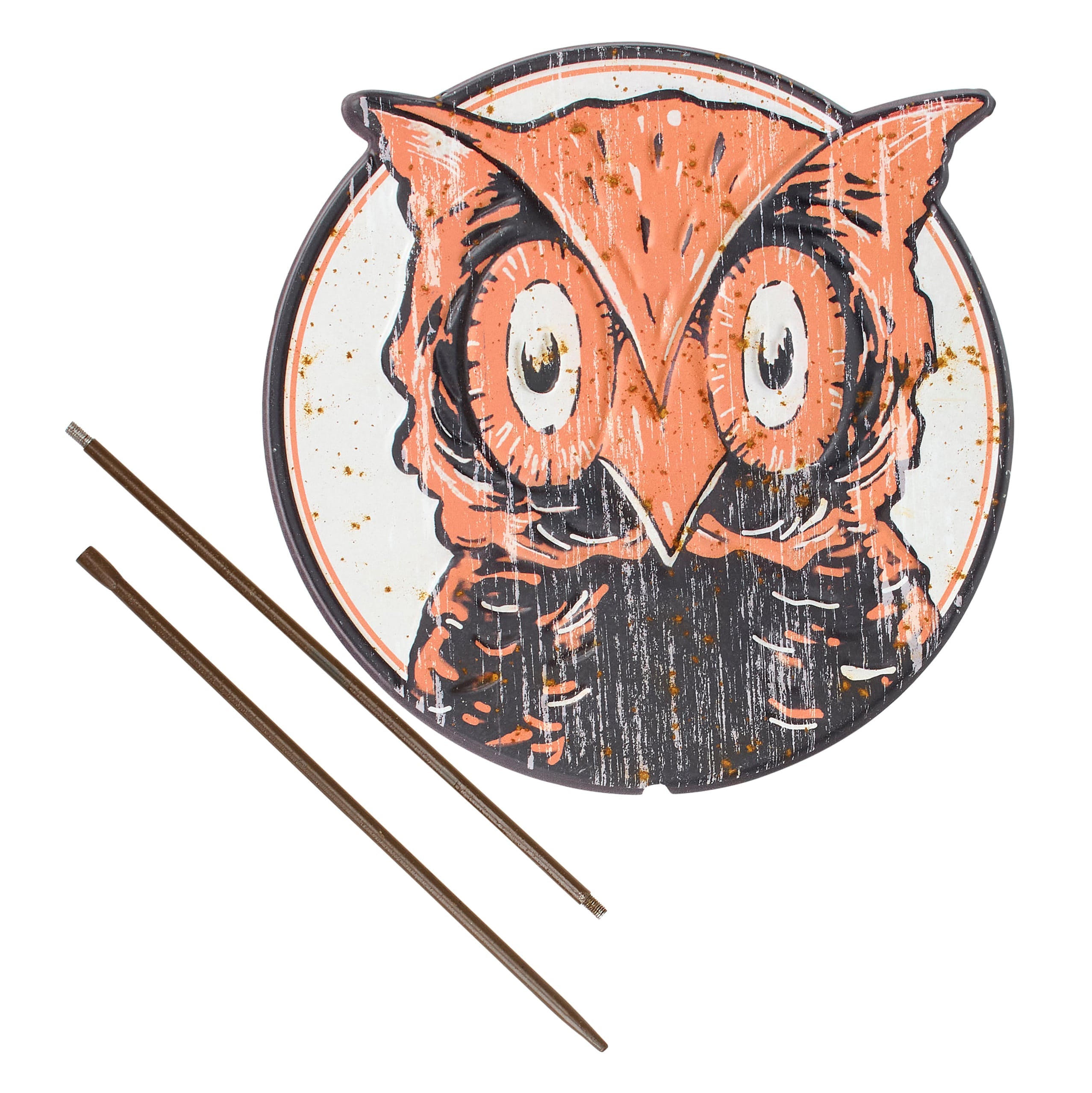 Vintage owl garden pick with circular orange and black distressed wood finish perfect as a daisy garden pick decor piece