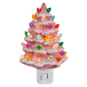 Pink ceramic Christmas tree night light with colorful bulbs.
