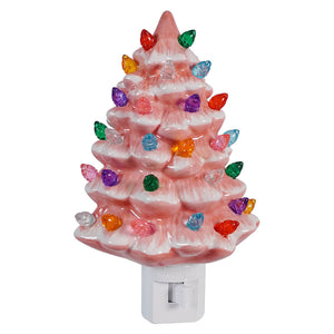 Pink ceramic Christmas tree night light with colorful bulbs.