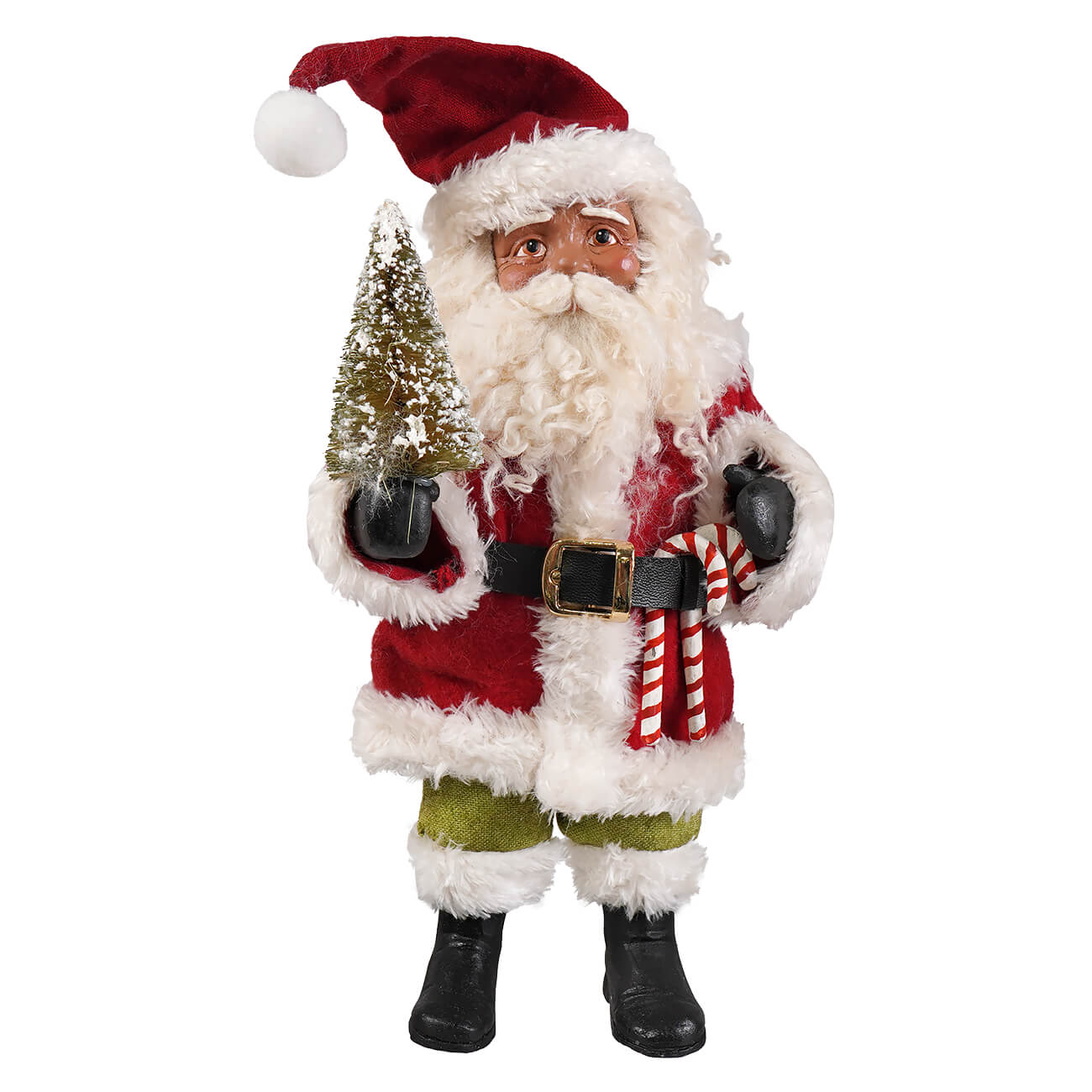 Red and white fuzzy vintage poseable kris kringle figurine by bethany lowe designs holding a snow-dusted tree