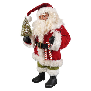 Vintage poseable papa noel kris kringle plush in red and white holding a miniature frosted tree by bethany lowe