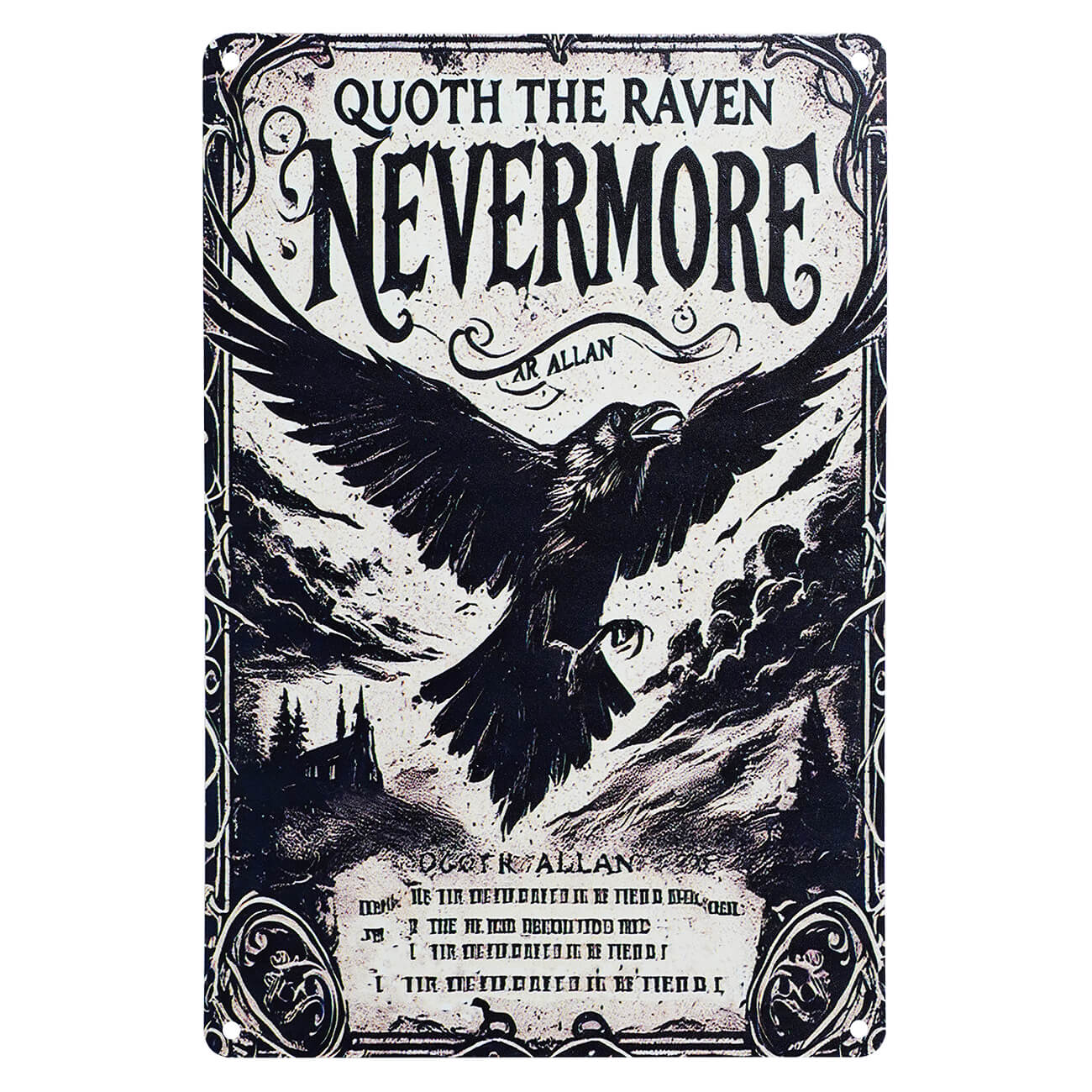 Vintage black and white metal halloween metal sign featuring a detailed raven nevermore illustration and edgar allan poe text