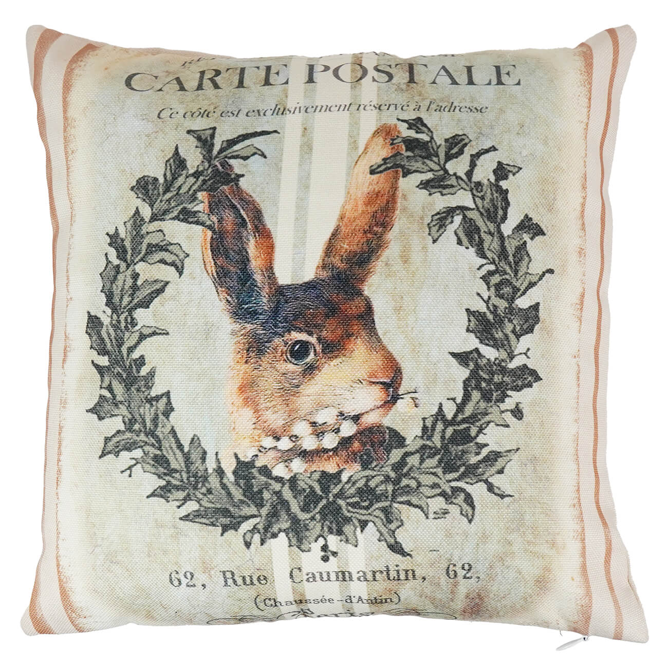 Beige wreath pillow with vintage rabbit illustration framed by holly leaves and french postal text spreading holiday cheer