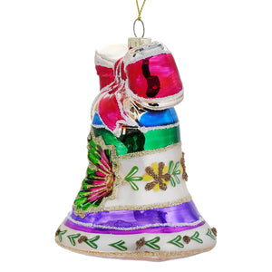 A vibrant multi-colored glass vintage reflector bell ornament with intricate painted and glittered floral patterns