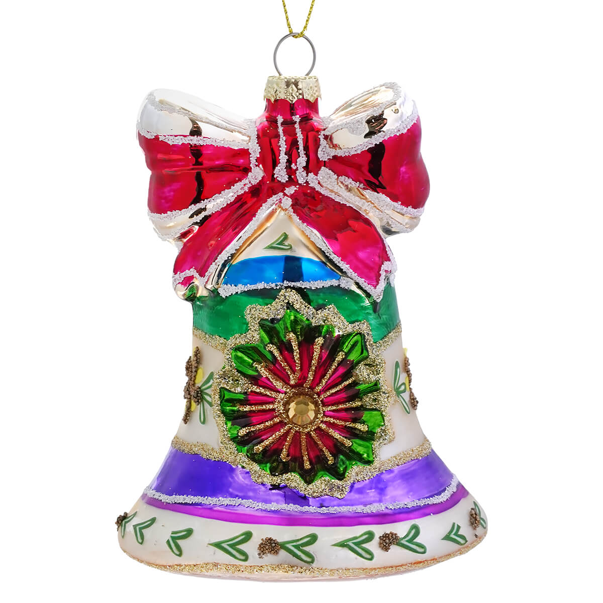 Vintage reflector bell ornament with colorful glass design, red bow, and green floral accents for holiday decor