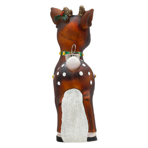Vintage reindeer ornament amber glass with white polka dots glittery antlers and green collar for classic christmas decor