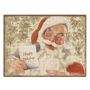 Vintage santa puzzle featuring cheerful santa with white beard red hat holding happy holidays card and holly background