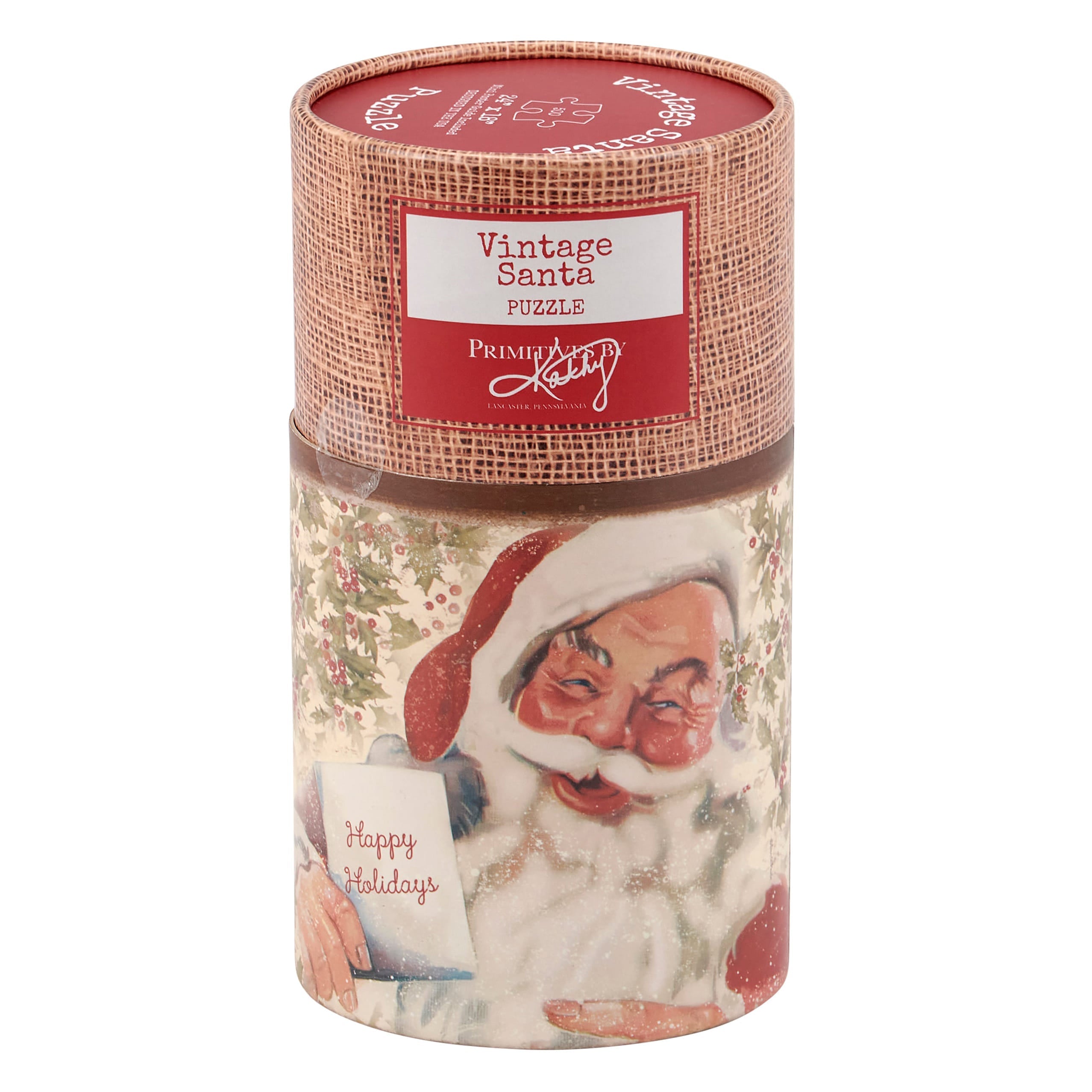 Vintage santa puzzle in a cylindrical container with burlap textured wrapping and festive holiday artwork