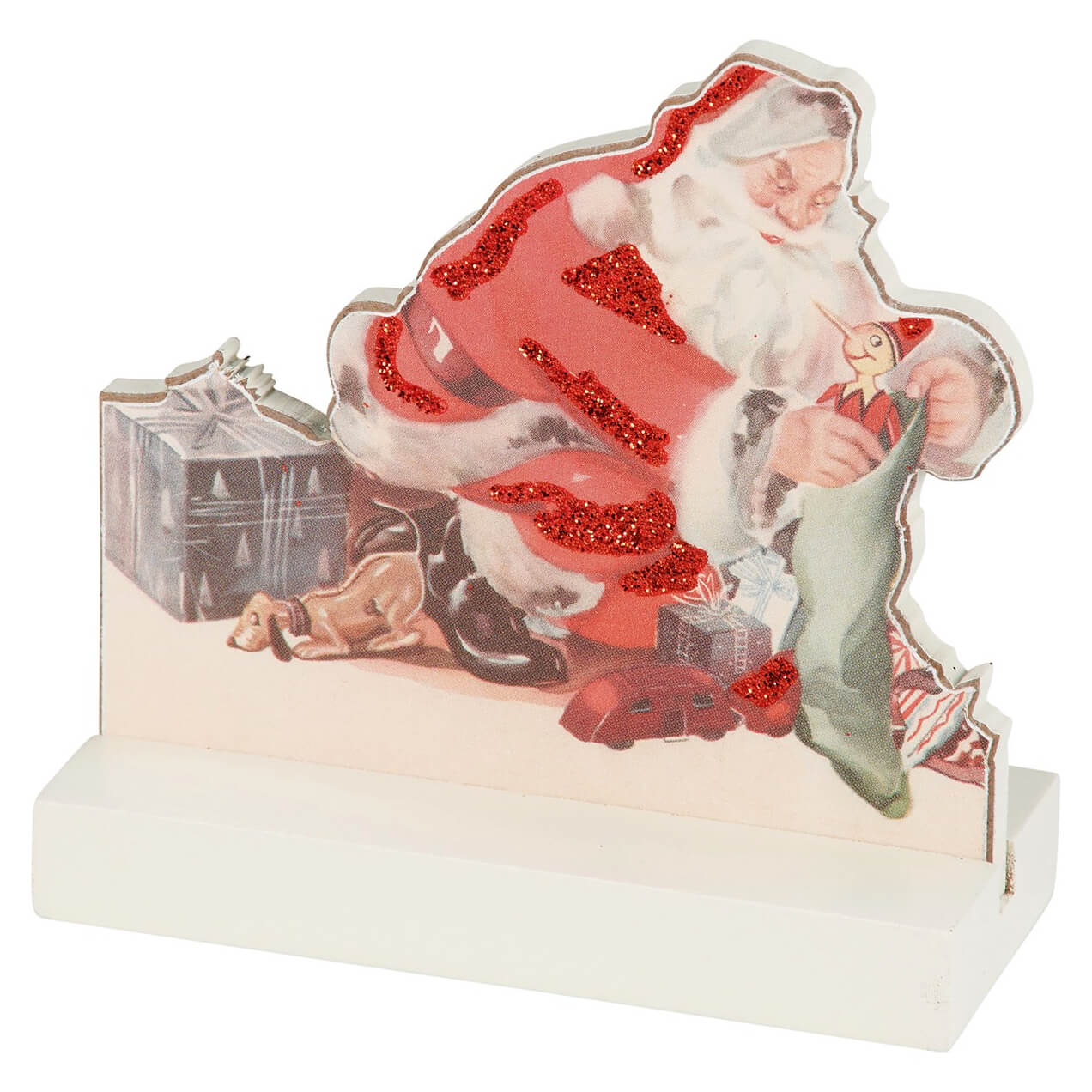 Vintage-style Christmas decoration featuring Santa Claus with glittery red accents, presents, and an elf.