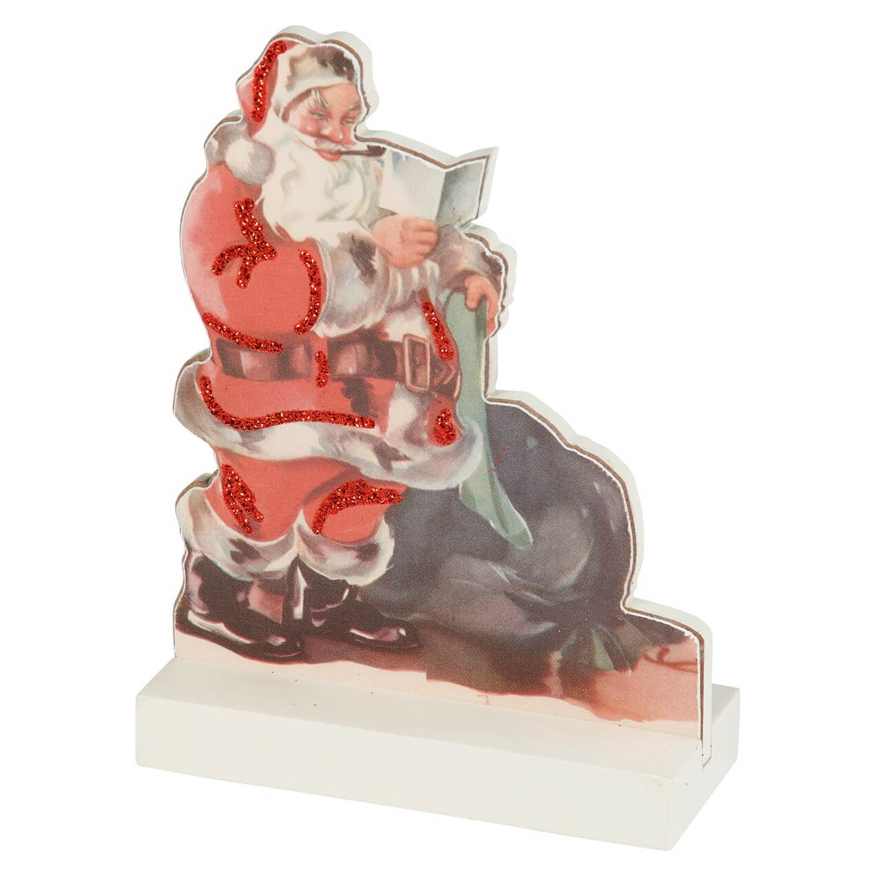 Vintage-style Santa Claus figurine reading a book, with glittery red accents.