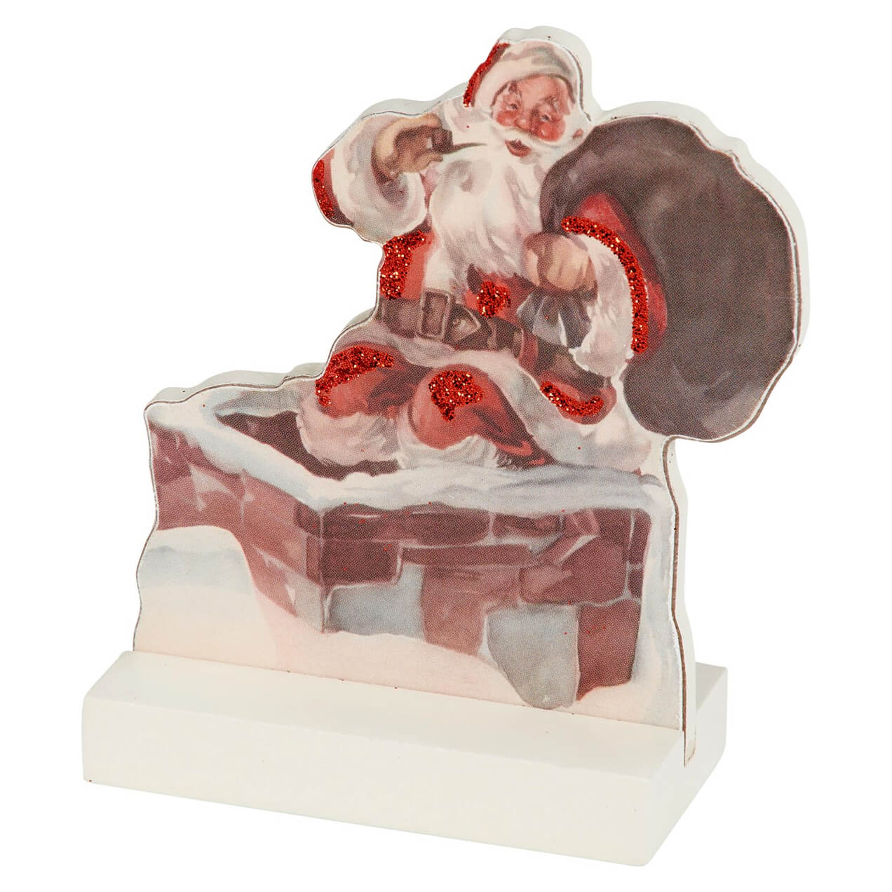 Decorative Santa Claus figure sitting on a chimney with a gift sack.