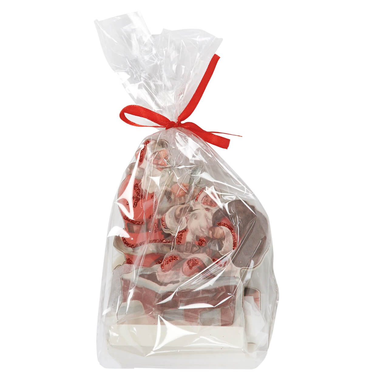 Gift bag filled with assorted chocolates and candies, tied with a red ribbon.