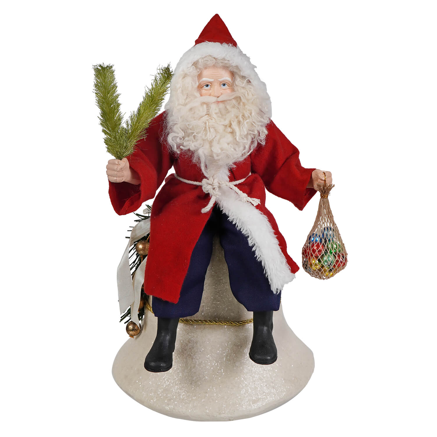 Vintage santa on bell red and white santa figure with fluffy beard holding pine branches and colorful ornaments bag folk art santas