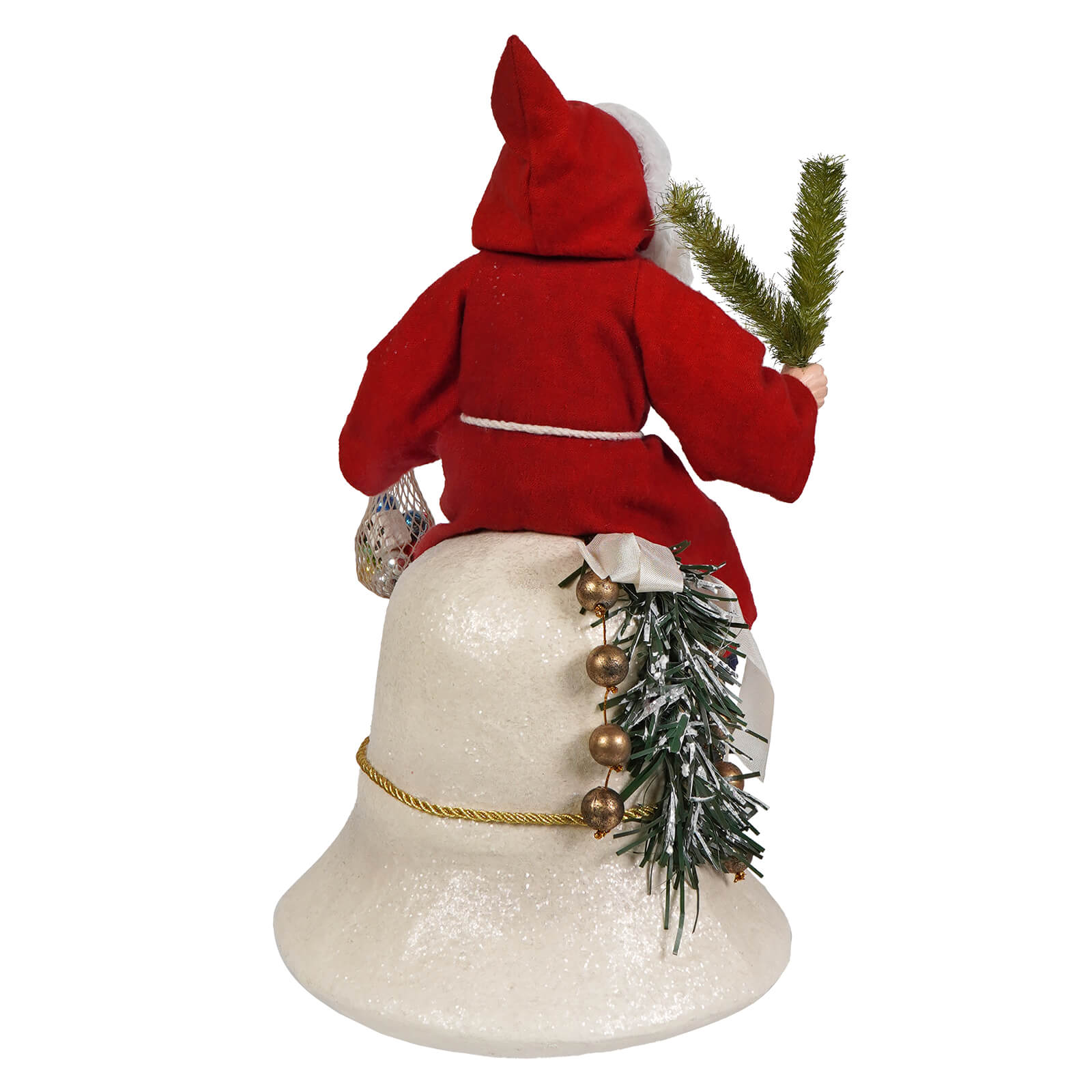 Vintage santa on bell figurine red santa figure with white trim seated on glittery white bell with gold rope and greenery