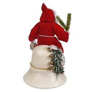 Vintage santa on bell figurine red santa figure with white trim seated on glittery white bell with gold rope and greenery