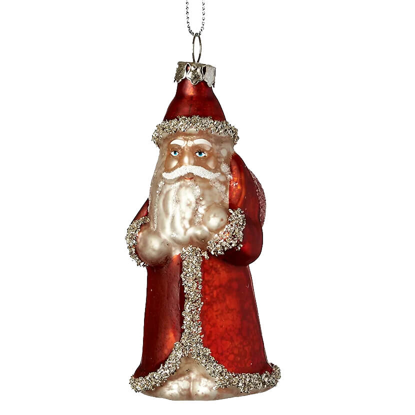 Vintage red glass santa ornament with silver glitter trim and metallic chain hanger perfect for christmas ornaments