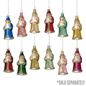 Vintage glass santa ornaments with glittery details and vibrant colors perfect for christmas ornaments collection