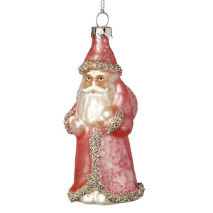 Vintage santa ornament made of translucent pink glass with silver glitter trim perfect for christmas ornaments and santa ornaments