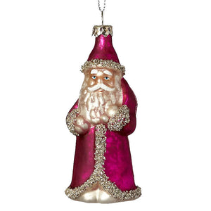 Vintage santa ornament featuring a magenta glass santa with silver glitter trim and metallic hanging loop christmas ornaments