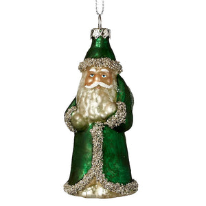 Vintage santa ornament green glass with silver glitter trim and metallic chain hanger perfect for christmas ornaments