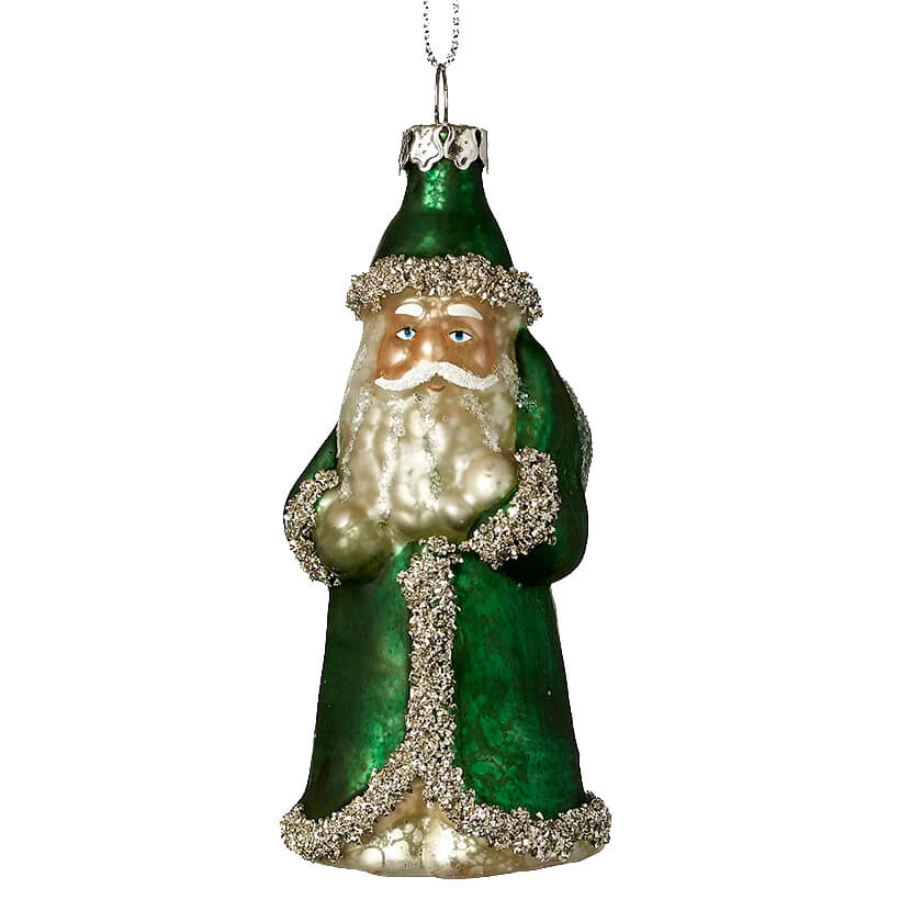 Vintage santa ornament green glass with silver glitter trim and metallic chain hanger perfect for christmas ornaments