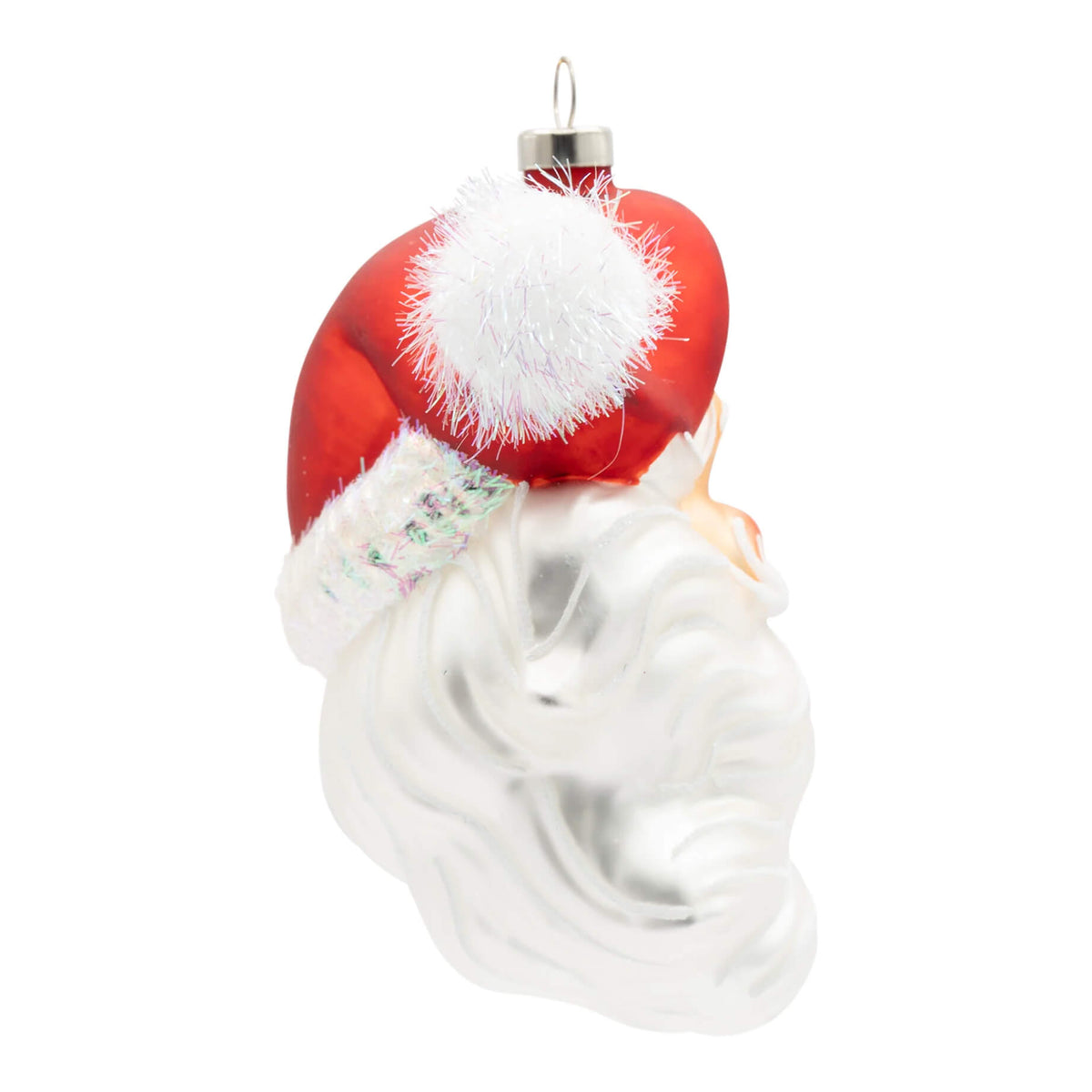 Red glass vintage santa ornament with white pom-pom and silver glittery beard perfect for santa pez™ dispenser fans
