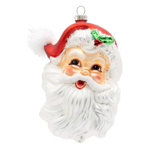 Vintage santa ornament featuring red and white glass with a fluffy beard rosy cheeks and a green holly accent perfect for santa pez dispenser decor