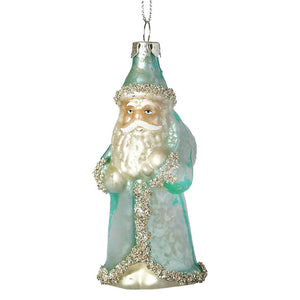Vintage santa ornament made of translucent teal glass with silver glitter trim, perfect for christmas ornaments or santa ornaments
