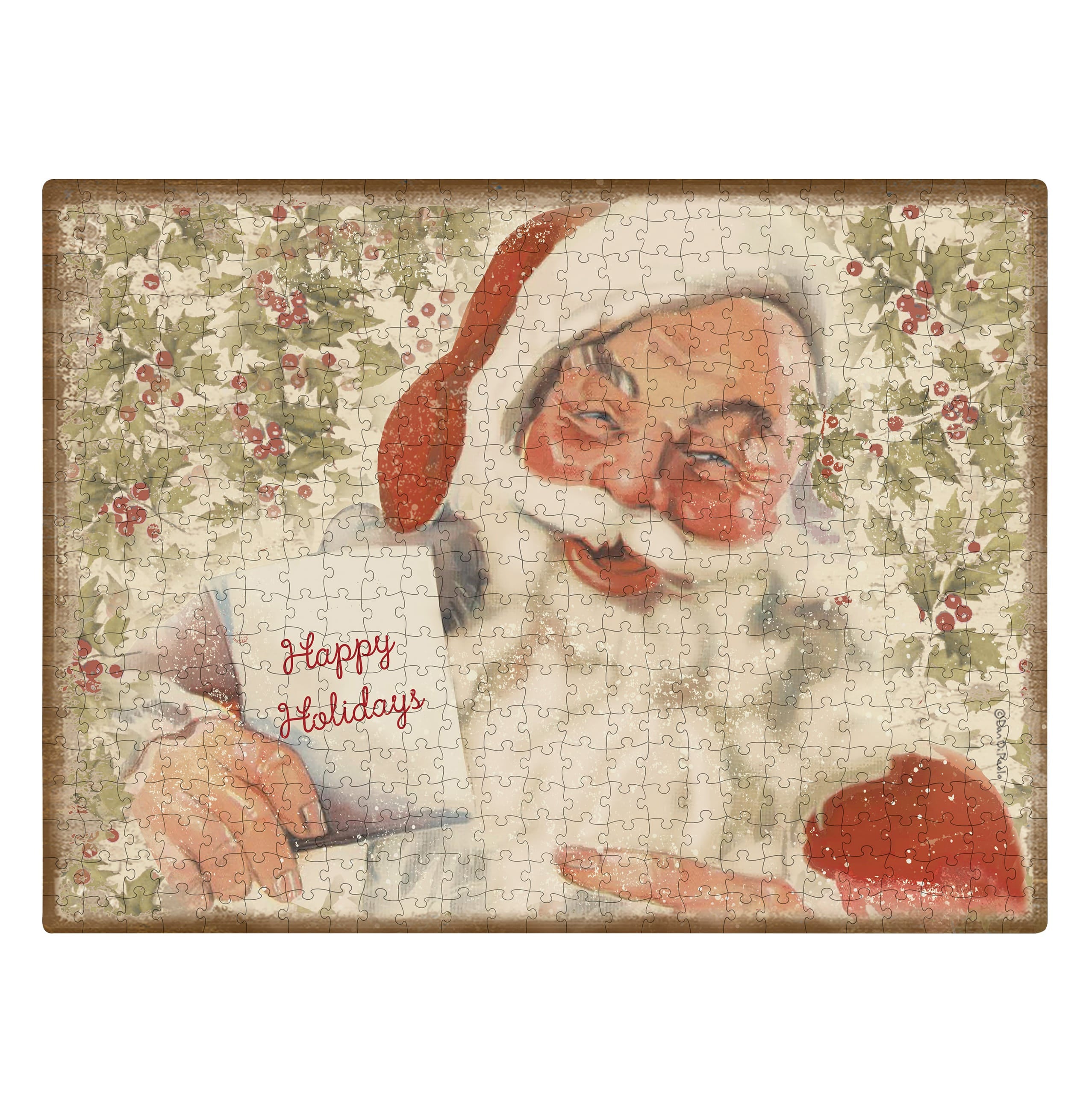 Vintage santa puzzle featuring cheerful santa with white beard red hat holding happy holidays card and holly background