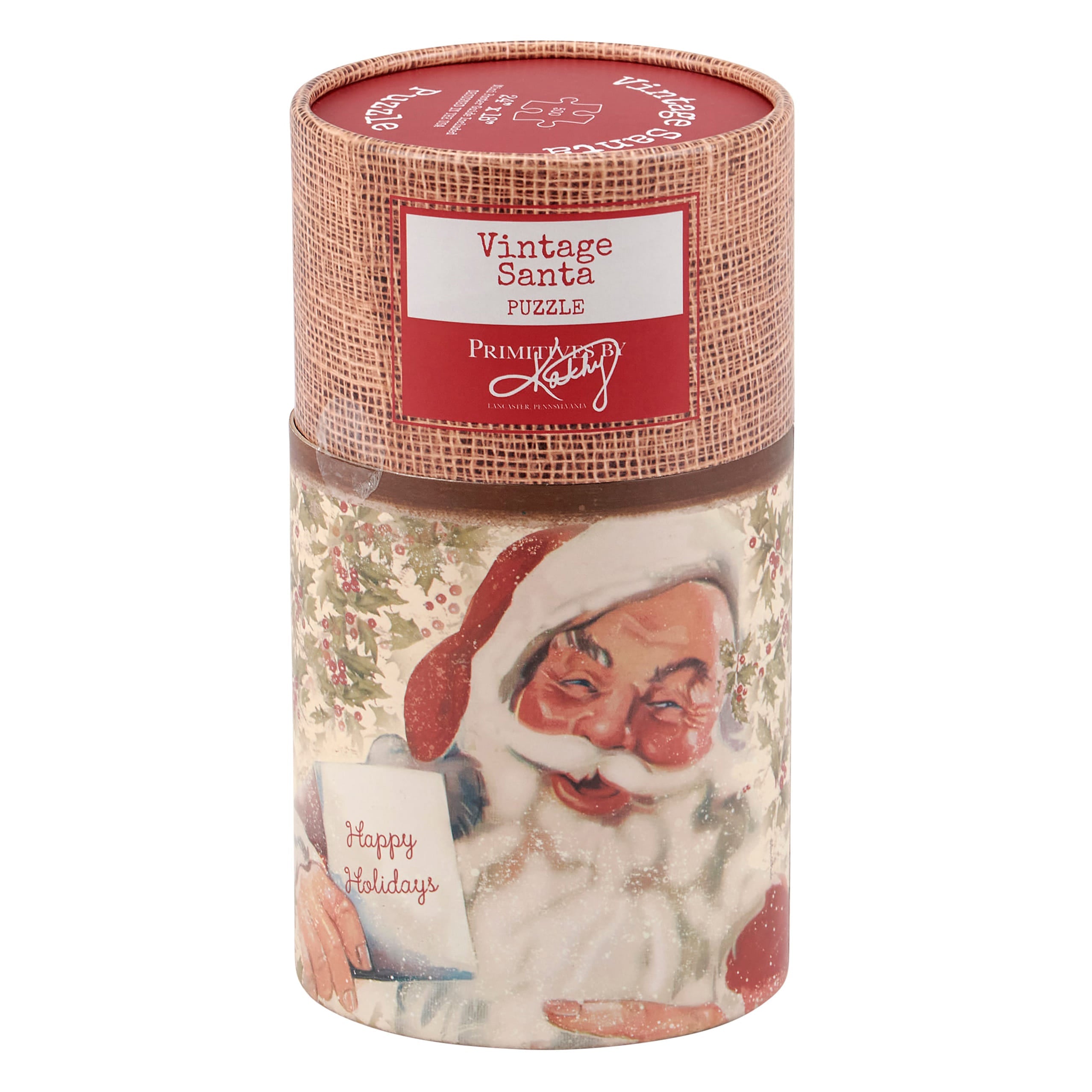 Vintage santa puzzle in a cylindrical container with burlap textured wrapping and festive holiday artwork