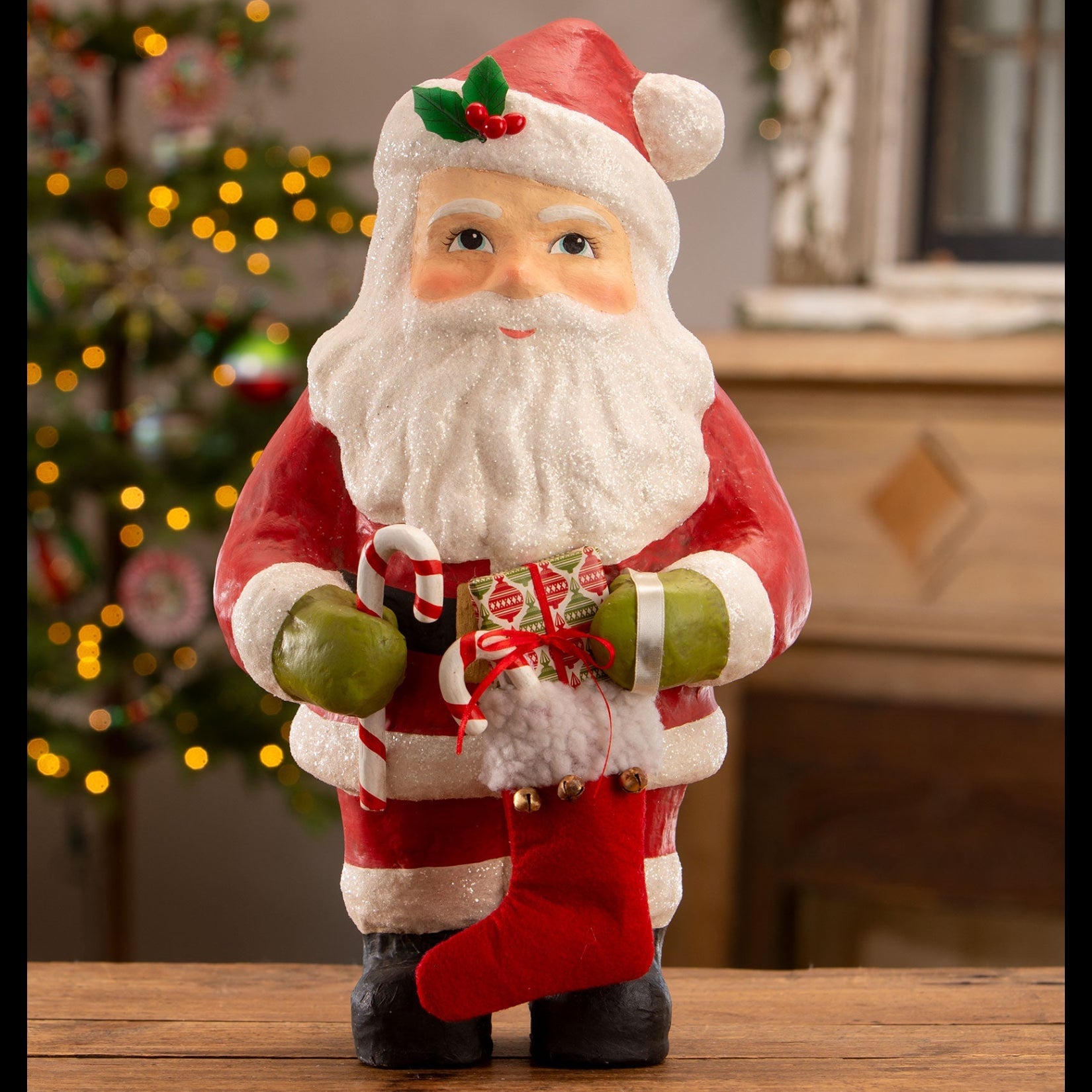 Vintage santa figurine by bethany lowe designs hand-painted paper mache with red white glitter green gloves and holly accent