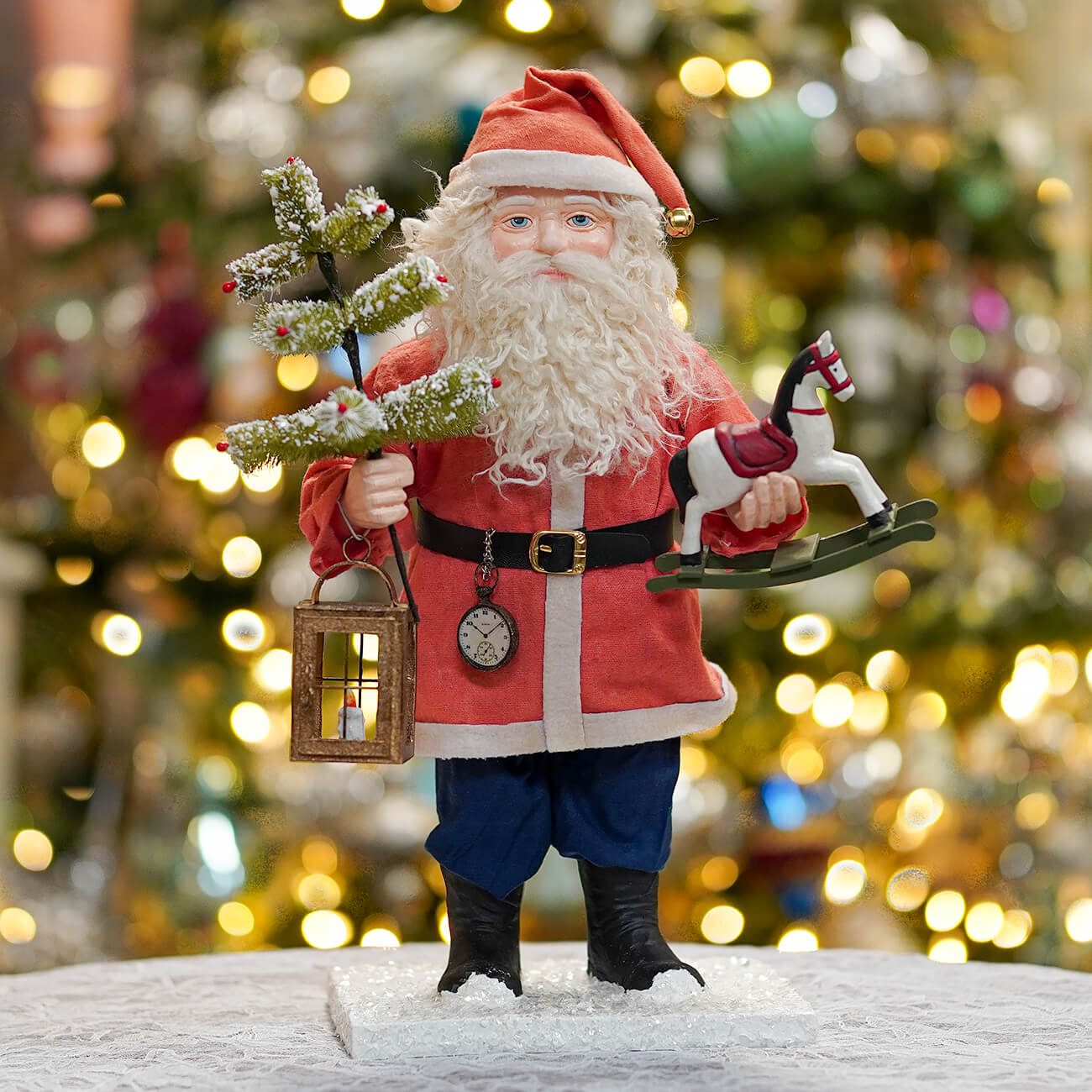 Vintage santa figurine by bethany lowes vintage holding frosted pine branch lantern and rocking horse in red and white