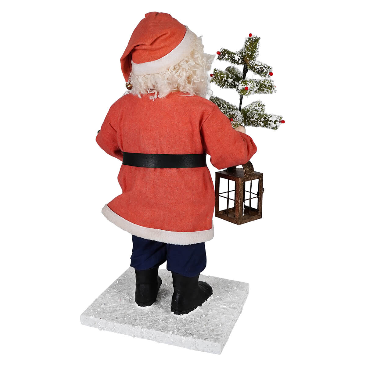 Vintage santa figurine in red and white holding a flocked tree with red ornaments and a rustic wooden lantern by bethany lowe’s vintage