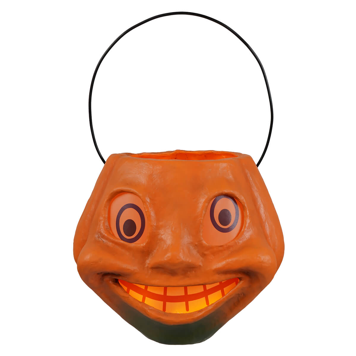 Vintage silly pumpkin bucket orange plastic halloween bucket with smiling face and black wire handle for trick or treat