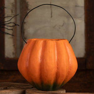 Vintage silly pumpkin bucket halloween bucket in orange with black wire handle and green gradient base for halloween pumpkins and gourds