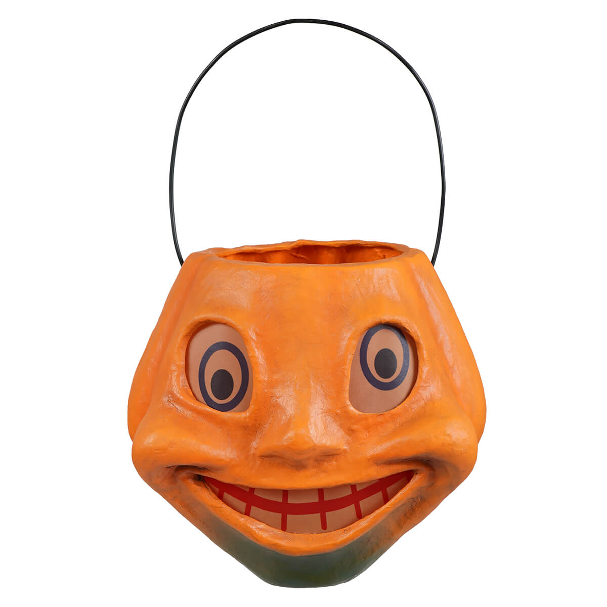 Vintage silly pumpkin bucket is an orange halloween bucket with a smiling face and black wire handle for trick or treat fun
