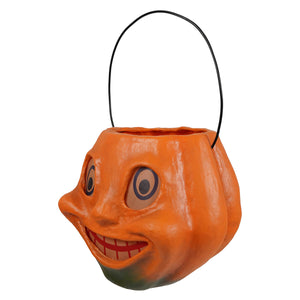 Vintage silly pumpkin bucket halloween bucket with orange pumpkin shape smiling face and black wire handle