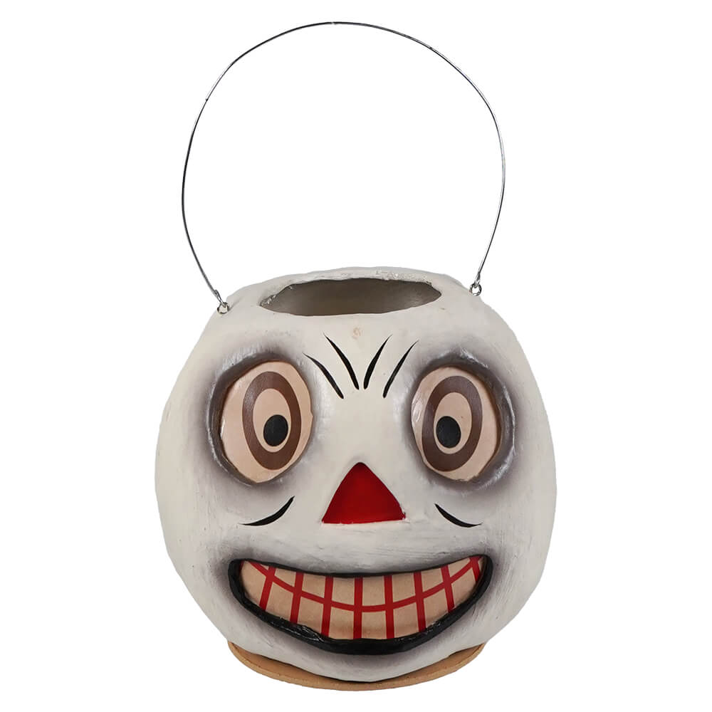 Vintage skeleton bucket made of white ceramic with a painted clown face perfect for bethany lowe halloween buckets