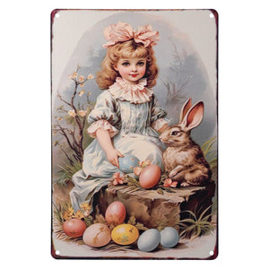 Vintage bunny metal sign of a smartly dressed girl in blue with easter eggs and a brown rabbit sitting beside her