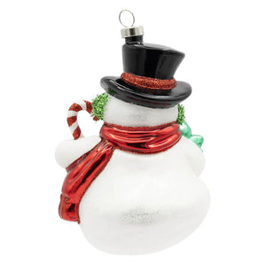 Vintage snowman ornament glossy white glass with black top hat red glitter scarf holding candy ornament cane