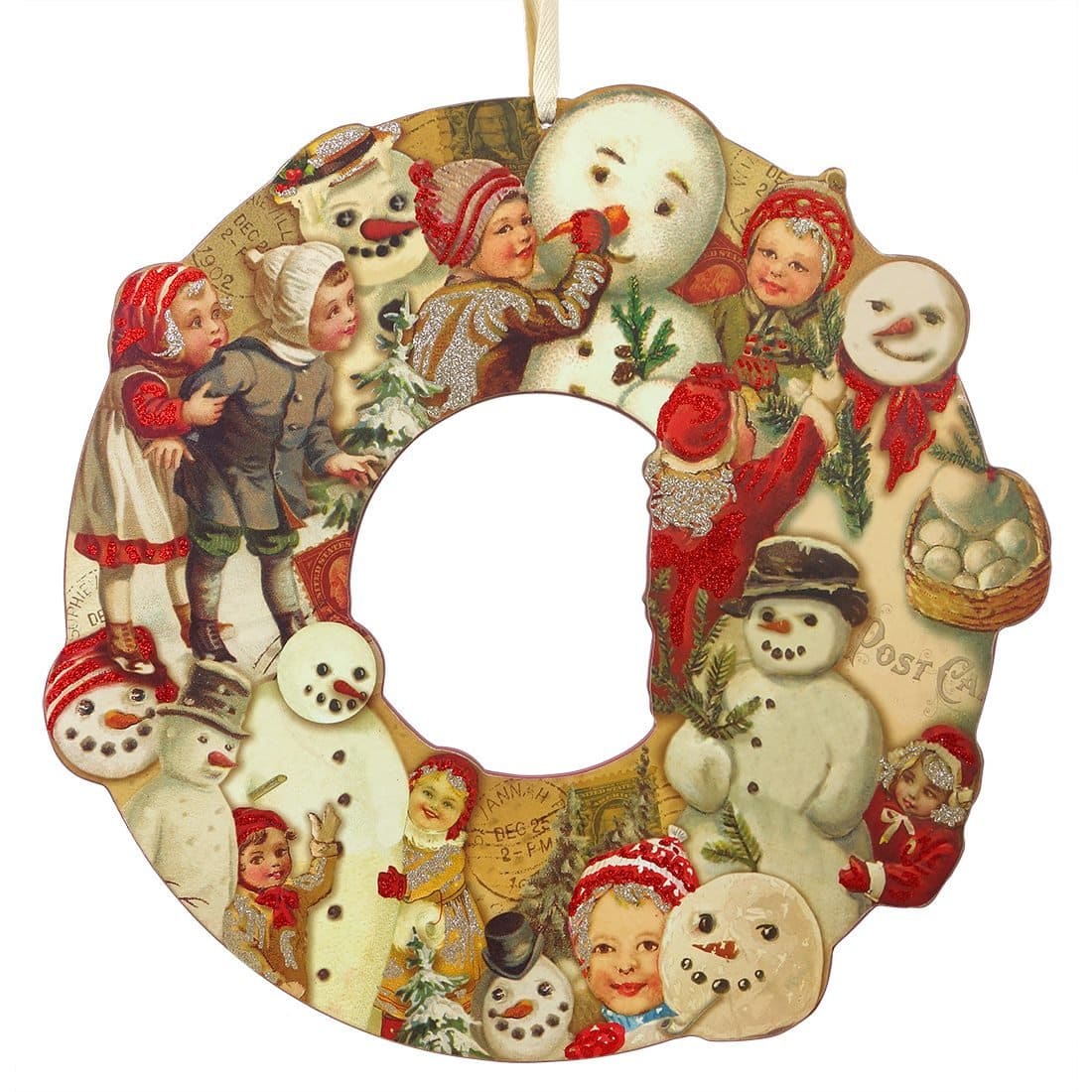 Vintage Snowman with Children Images Wreath