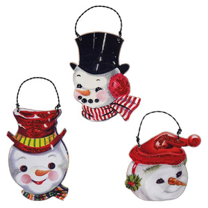 Three decorative snowman ornaments with different hats and scarves.