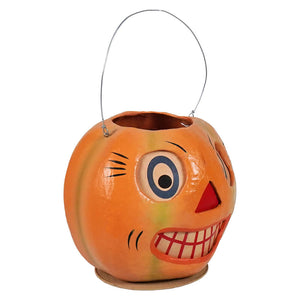 Orange vintage striped pumpkin bucket with painted face and wire handle perfect for bethany lowe halloween buckets