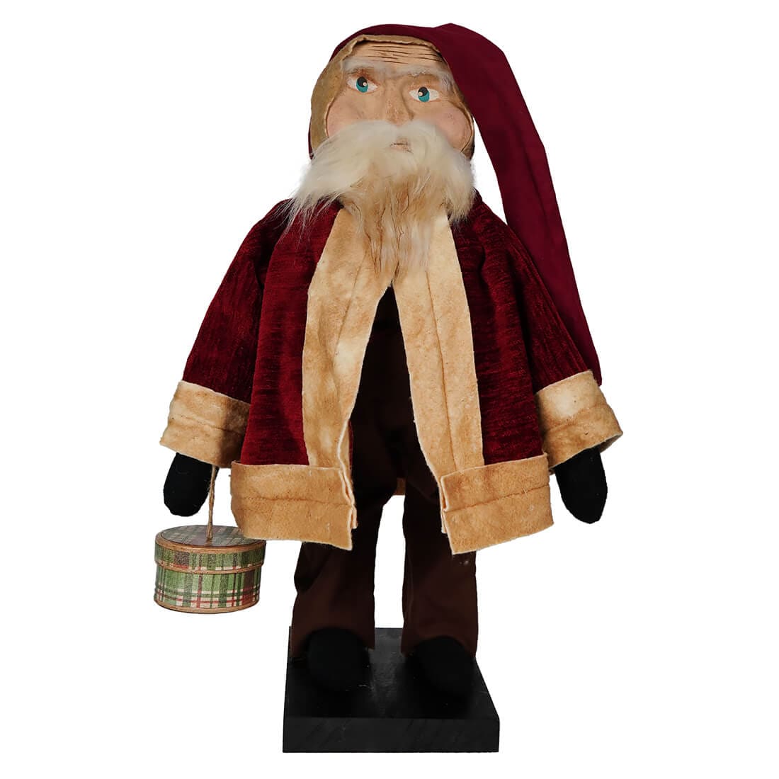 Vintage Style Blue-Eyed Santa Wearing Red Coat Holding Box