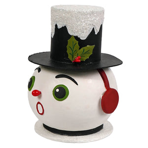 Vintage surprised snowman container white ceramic with green eyes red nose black top hat holly leaf christmas container