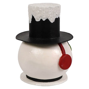 Vintage surprised snowman container in white with black top hat and red earmuffs perfect johanna parker container